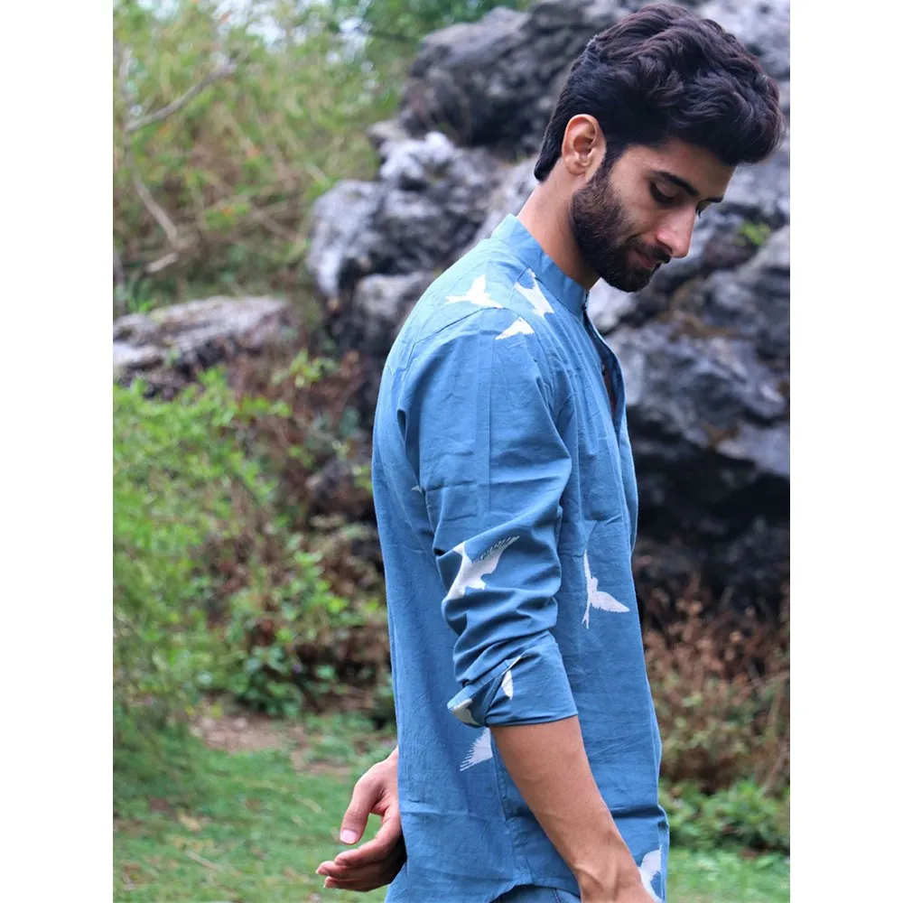 Chidiyaa Blue Fly on Block Printed Cotton Shirt