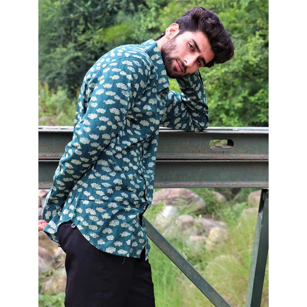 Chidiyaa Forest Green Block Printed Cotton Shirt