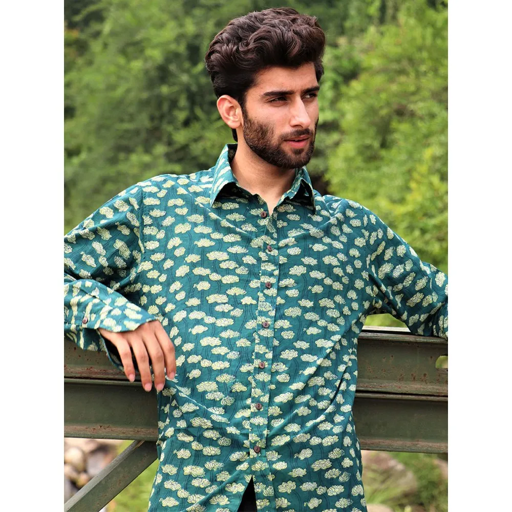 Chidiyaa Forest Green Block Printed Cotton Shirt
