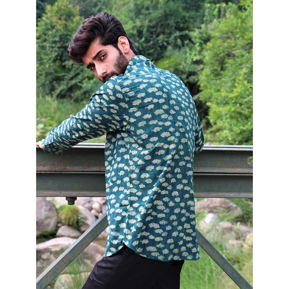 Chidiyaa Forest Green Block Printed Cotton Shirt