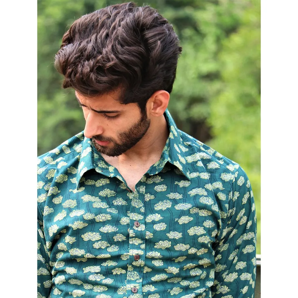 Chidiyaa Forest Green Block Printed Cotton Shirt