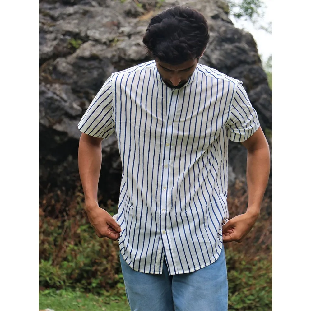Chidiyaa Ivory Striped Block Printed Cotton Half Sleeved Shirt