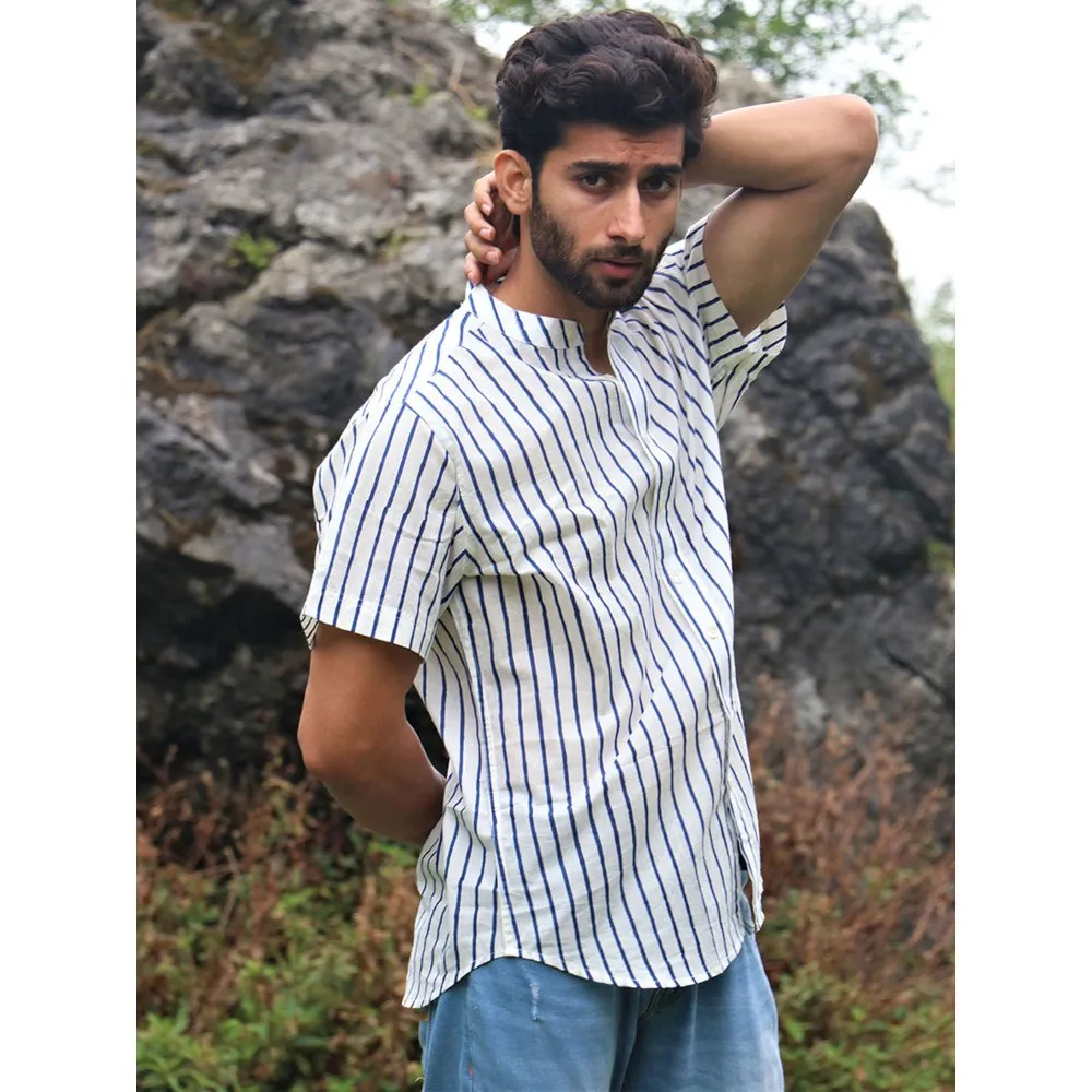 Chidiyaa Ivory Striped Block Printed Cotton Half Sleeved Shirt