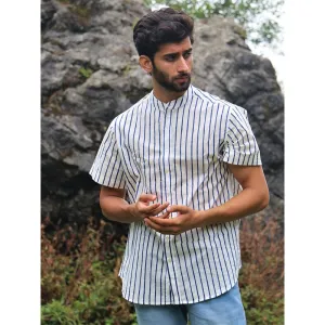 Chidiyaa Ivory Striped Block Printed Cotton Half Sleeved Shirt