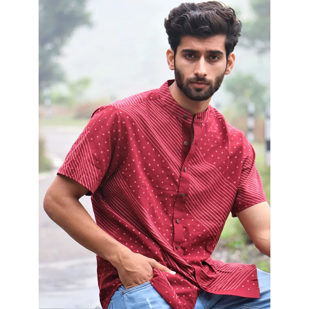 Chidiyaa Maroon Block Printed Cotton Half Sleeved Shirt