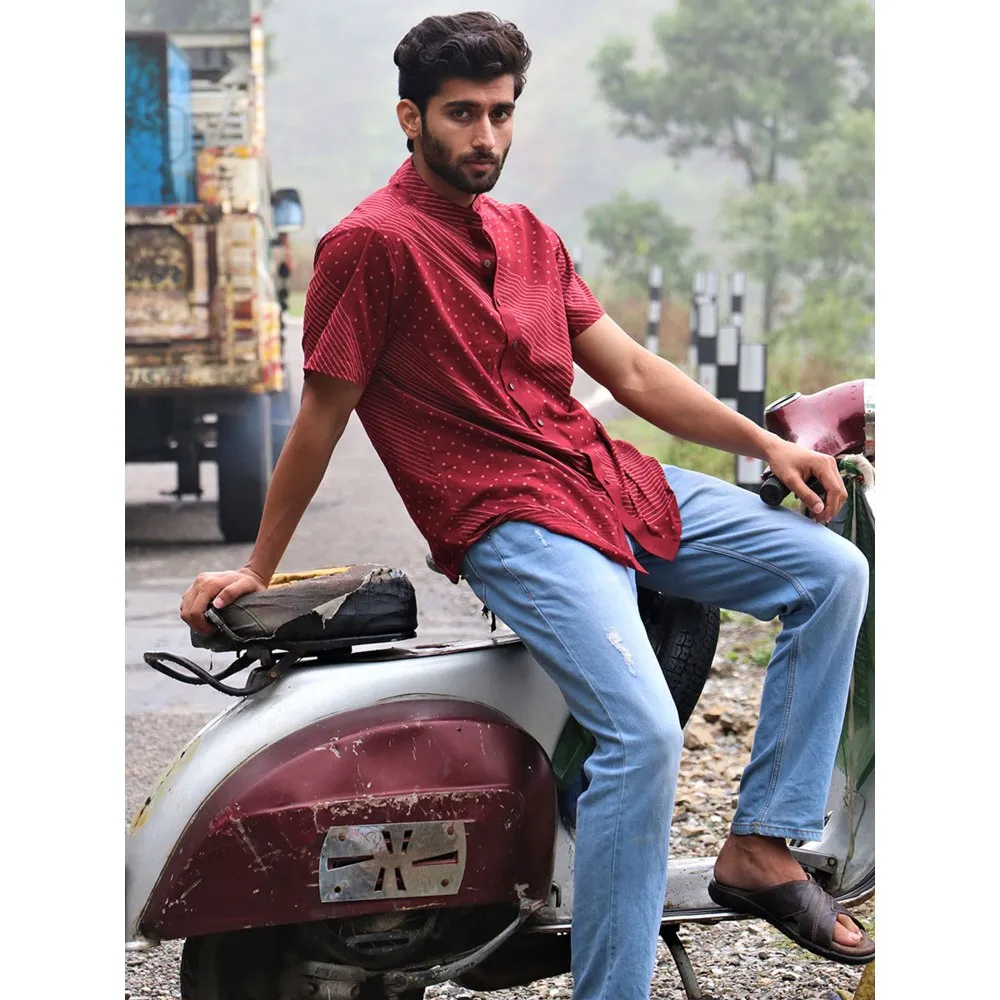 Chidiyaa Maroon Block Printed Cotton Half Sleeved Shirt