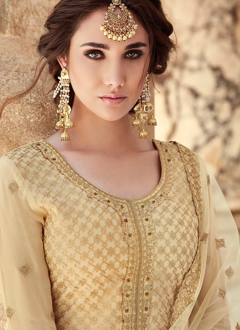 Cream Embroidered Pakistani Sharara Suit