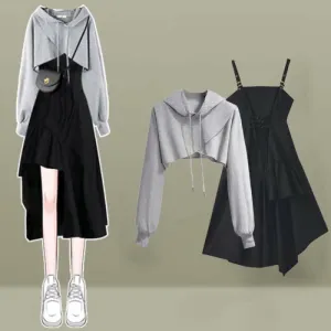 Cross Short Sport Hoodie Irregular Slip Dress Set