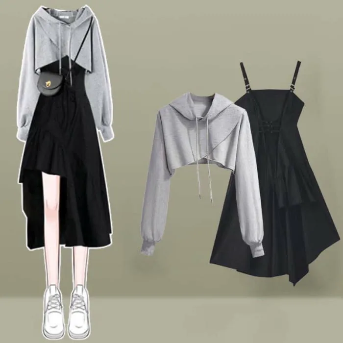 Cross Short Sport Hoodie Irregular Slip Dress Set