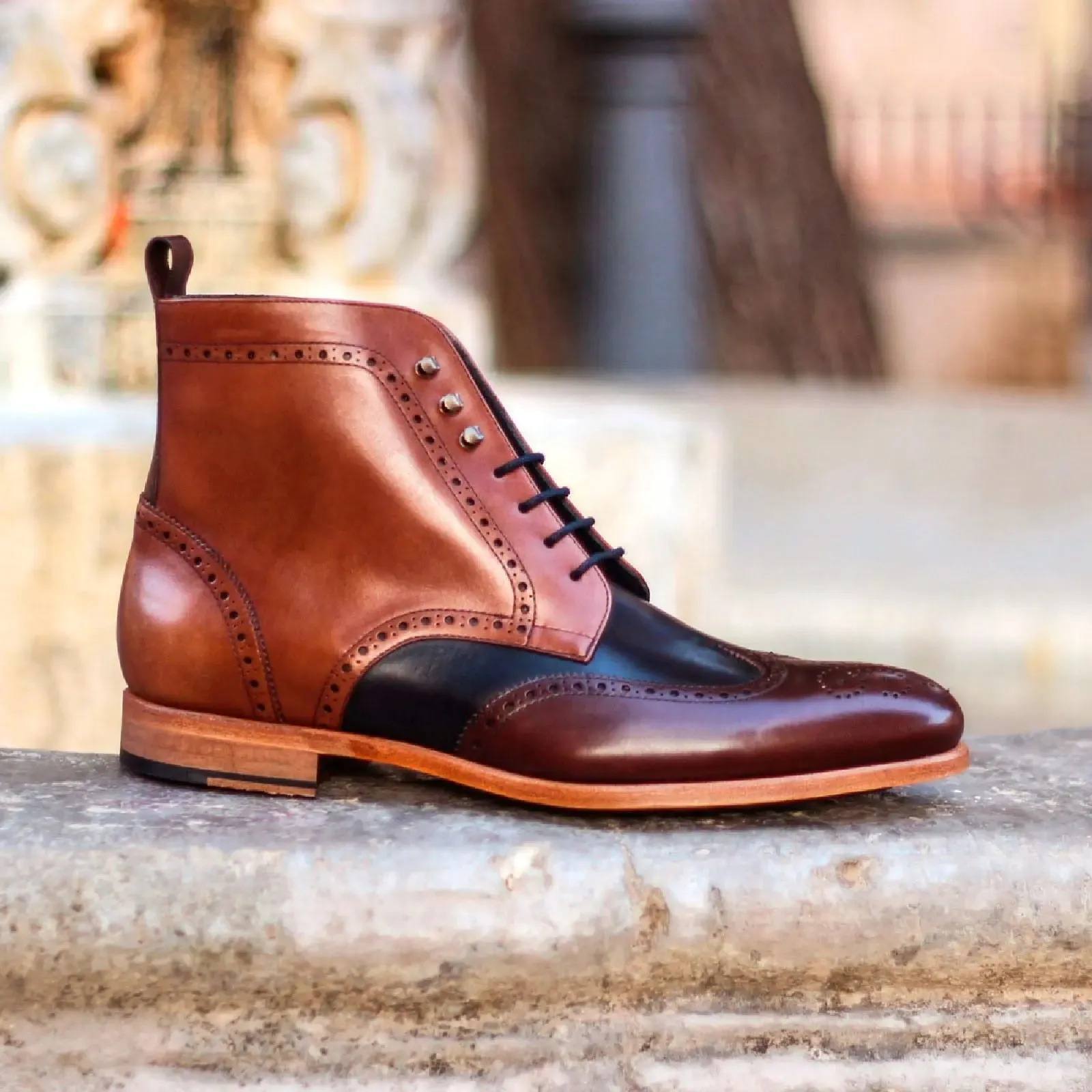 DapperFam Valiant in Burgundy / Med Brown / Navy Men's Italian Leather Military Brogue