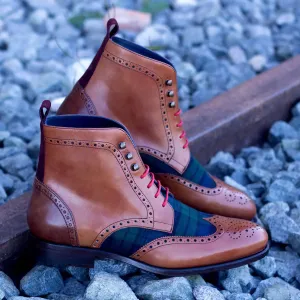 DapperFam Valiant in Cognac / Blackwatch / Burgundy Men's Sartorial & Lux Suede & Italian Leather Military Brogue