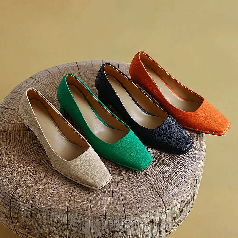 Darlene Square Toe Low Heel Slip on Pumps