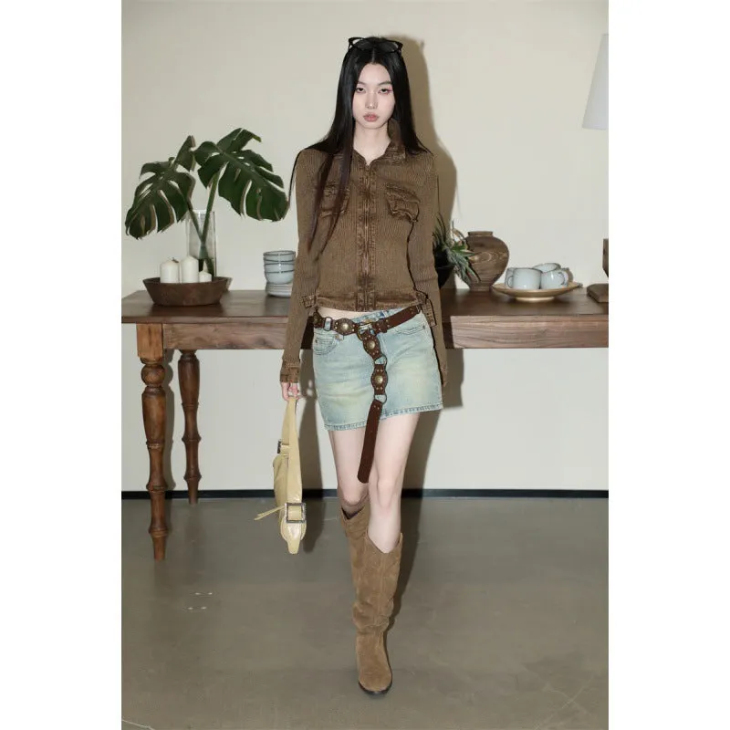 Distressed Three-dimensional Pocket Patchwork Retro Workwear Zipper Jacket Long-sleeved Top