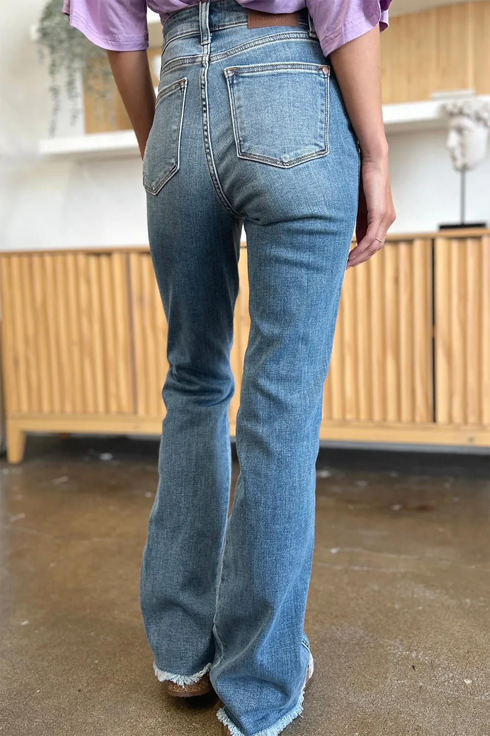 Elam Judy Blue Full Size Distressed Raw Hem Bootcut Jeans