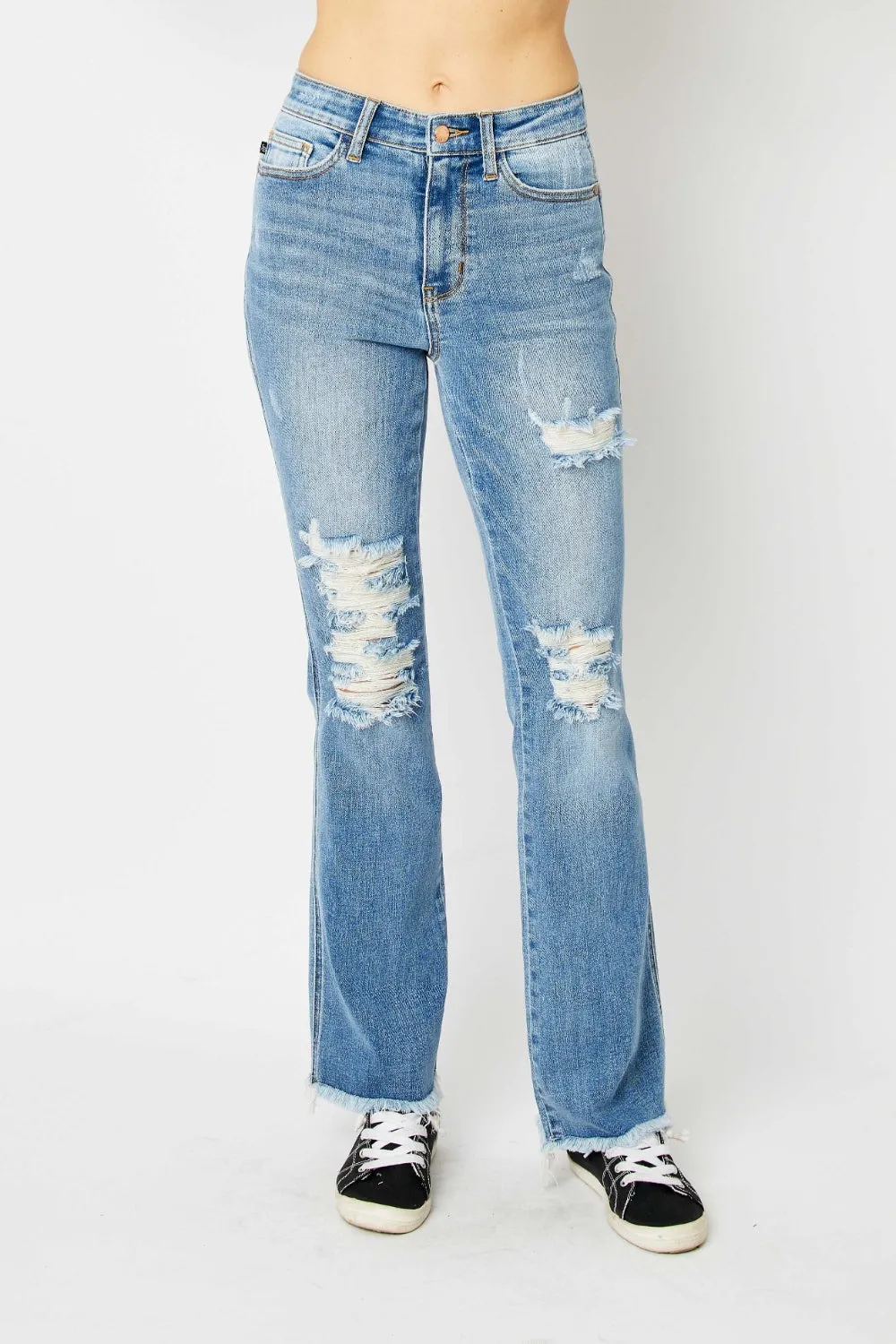 Elam Judy Blue Full Size Distressed Raw Hem Bootcut Jeans