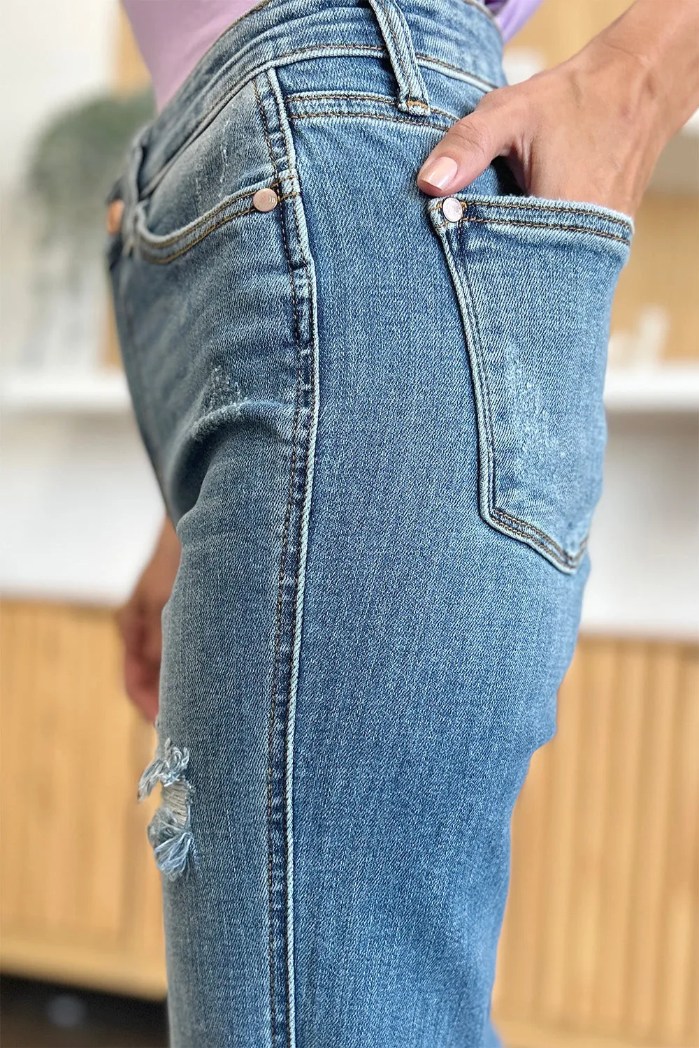 Elam Judy Blue Full Size Distressed Raw Hem Bootcut Jeans