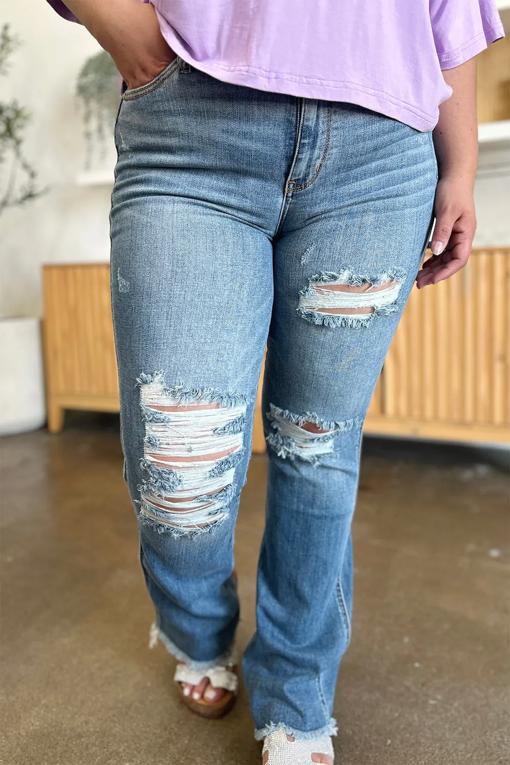 Elam Judy Blue Full Size Distressed Raw Hem Bootcut Jeans