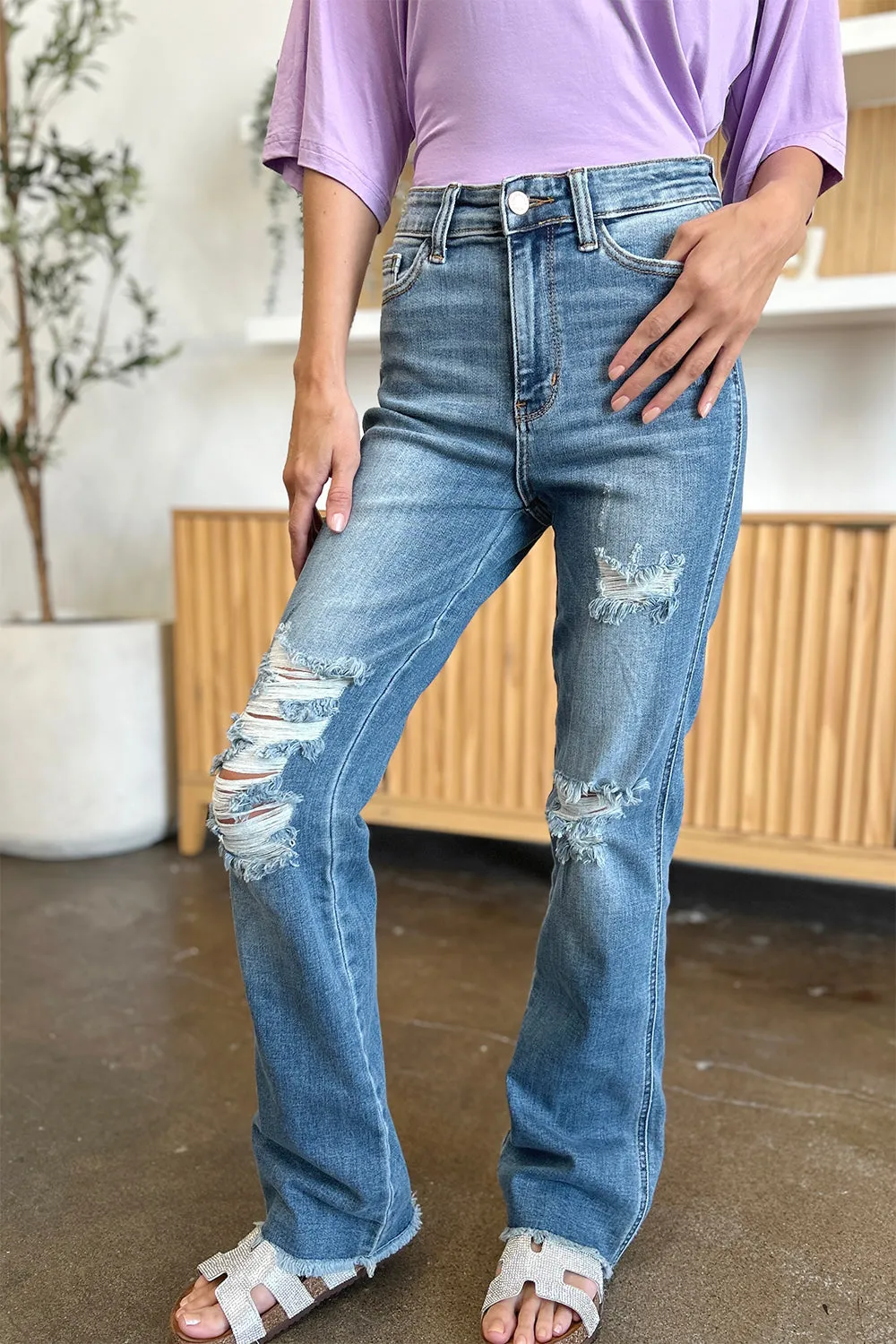 Elam Judy Blue Full Size Distressed Raw Hem Bootcut Jeans