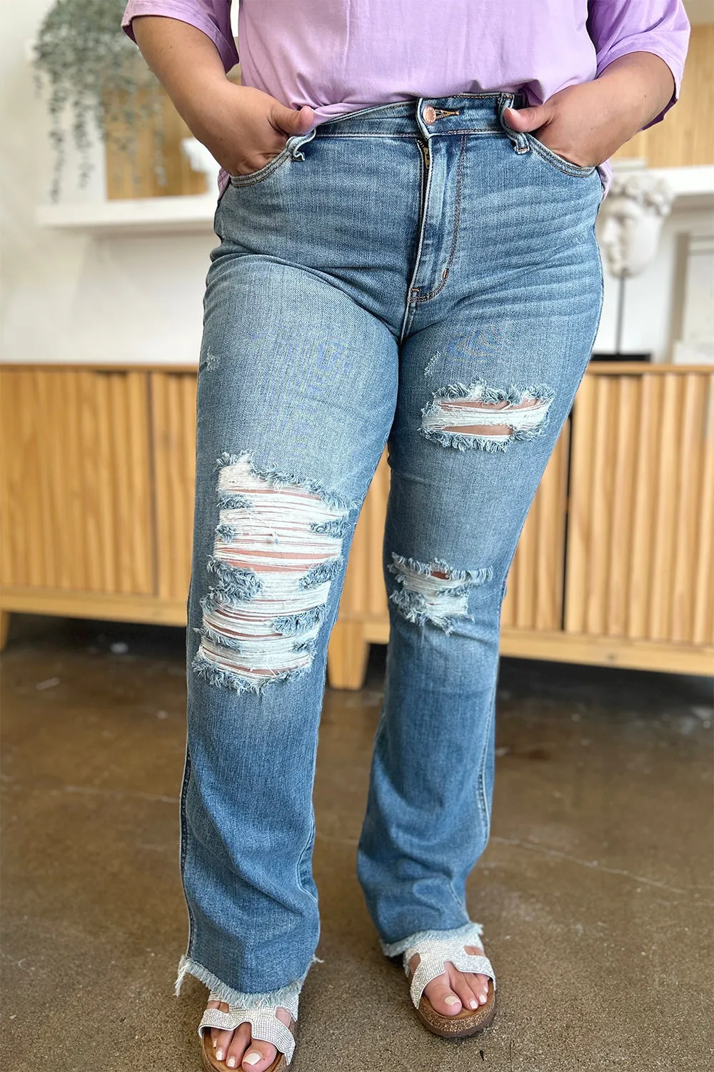 Elam Judy Blue Full Size Distressed Raw Hem Bootcut Jeans