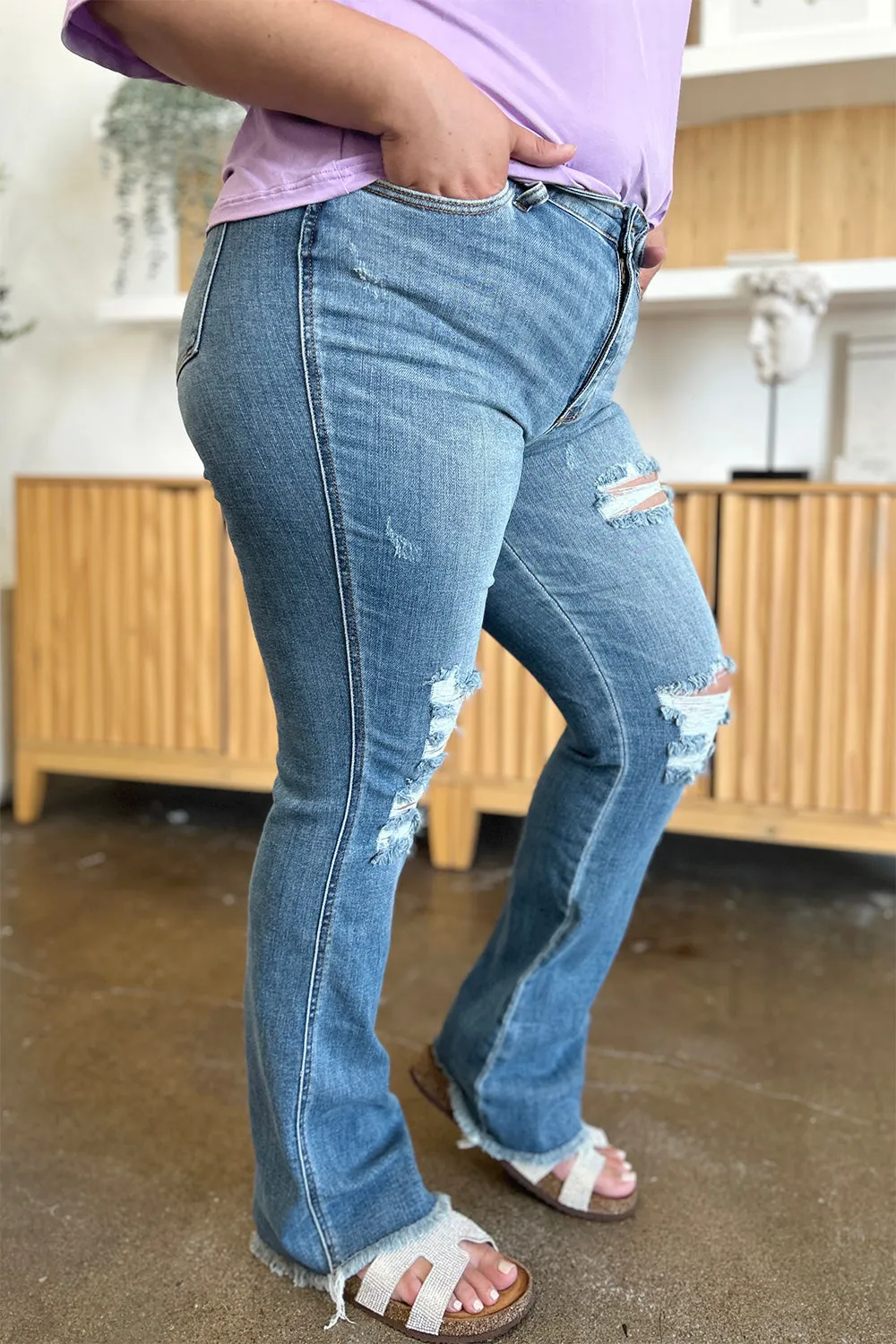 Elam Judy Blue Full Size Distressed Raw Hem Bootcut Jeans