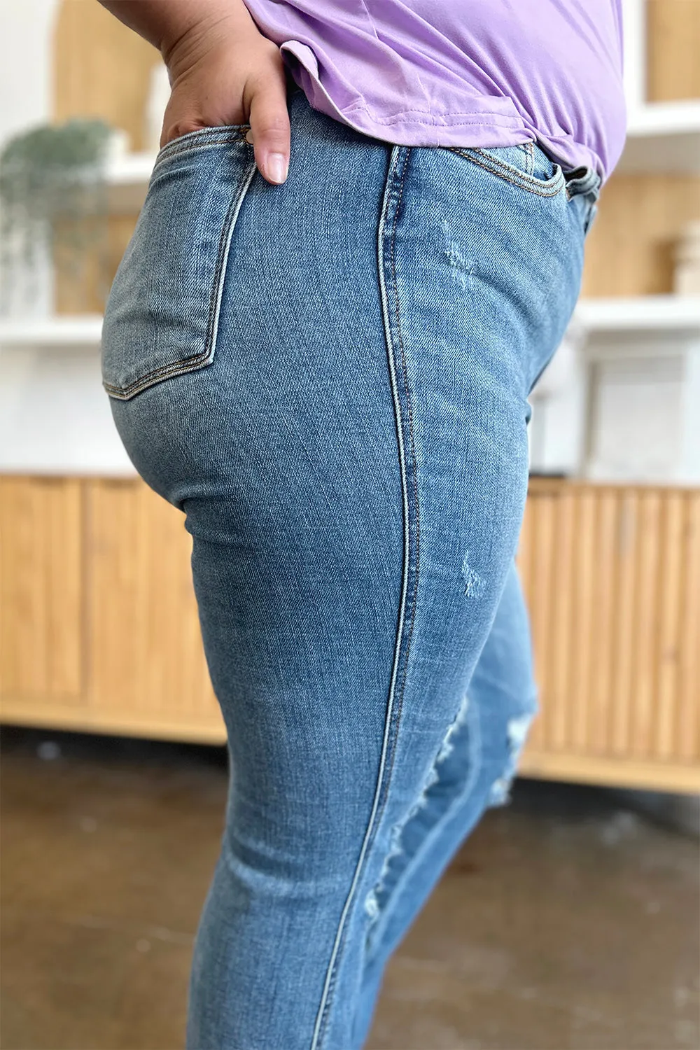Elam Judy Blue Full Size Distressed Raw Hem Bootcut Jeans