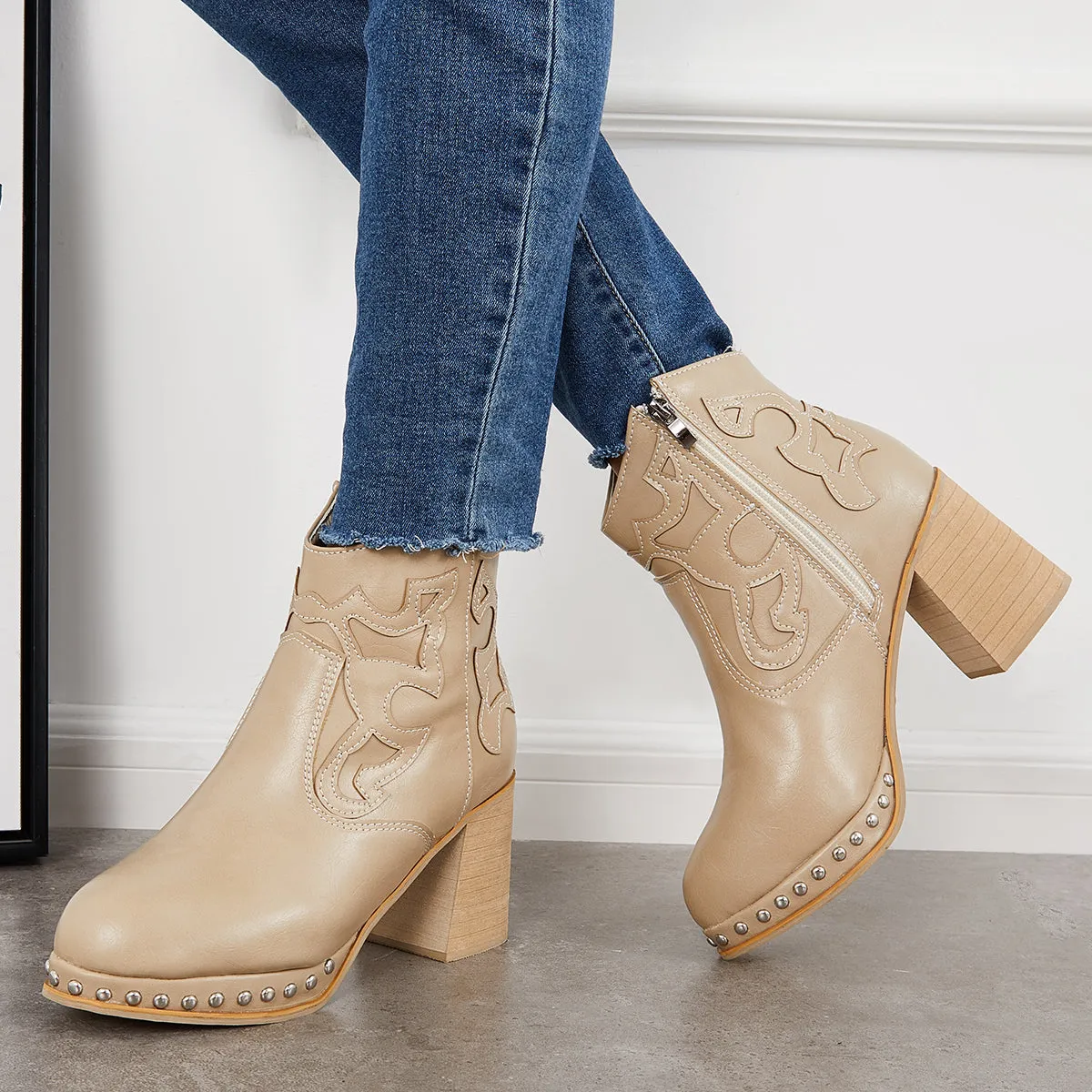 Embroidery Rivet Platform Chunky Heel Booties Western Cowgirl Ankle Boots