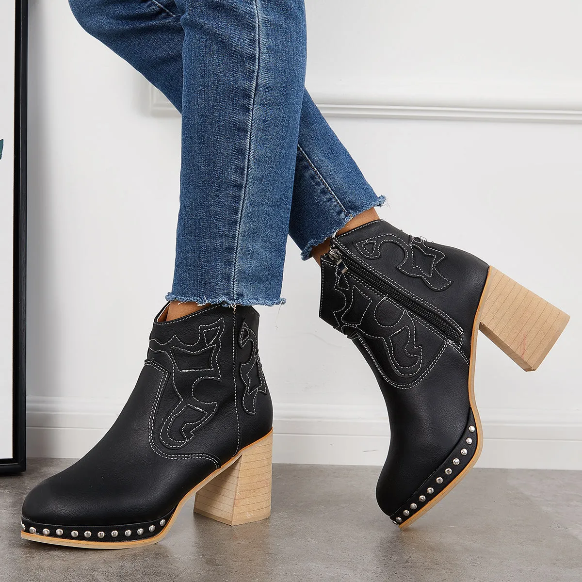 Embroidery Rivet Platform Chunky Heel Booties Western Cowgirl Ankle Boots
