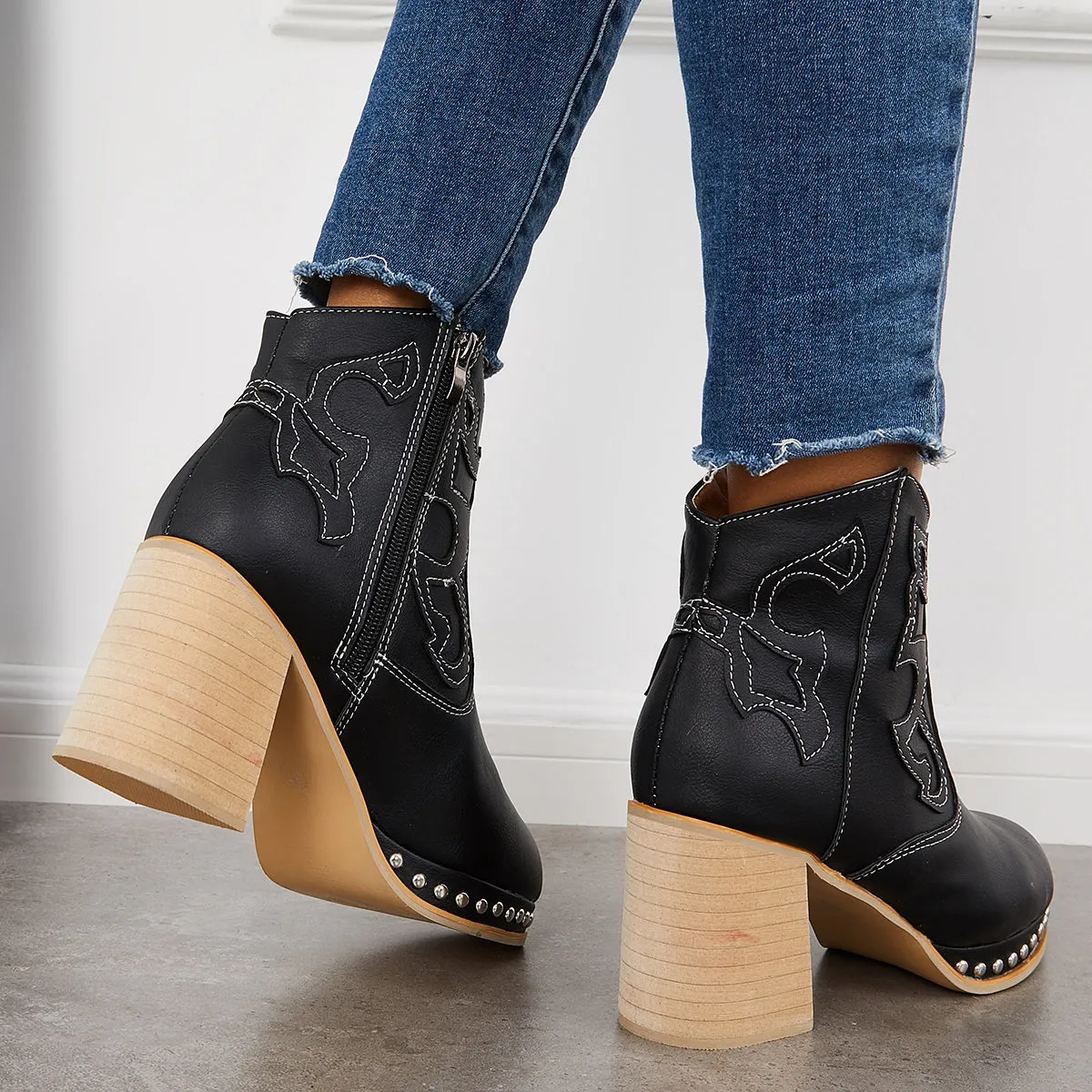 Embroidery Rivet Platform Chunky Heel Booties Western Cowgirl Ankle Boots