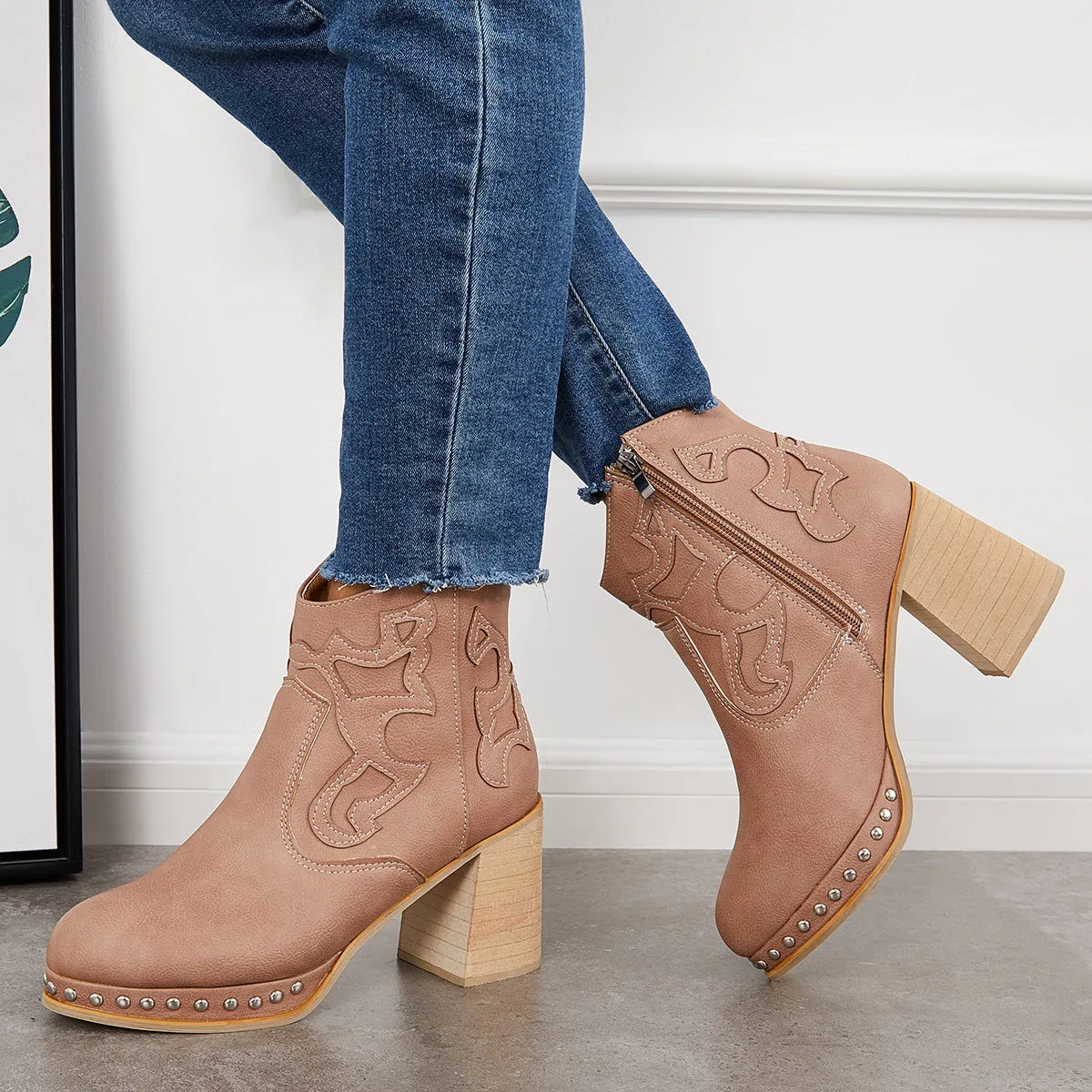 Embroidery Rivet Platform Chunky Heel Booties Western Cowgirl Ankle Boots