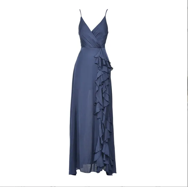 European And American Women's Clothing Summer New V-neck Brace High Waist Ruffles Irregular Slit Dress