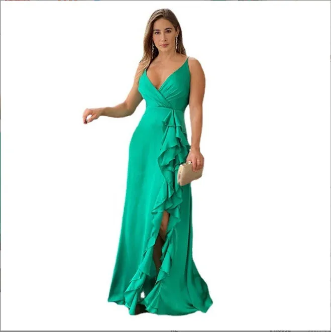European And American Women's Clothing Summer New V-neck Brace High Waist Ruffles Irregular Slit Dress