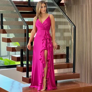 European And American Women's Clothing Summer New V-neck Brace High Waist Ruffles Irregular Slit Dress