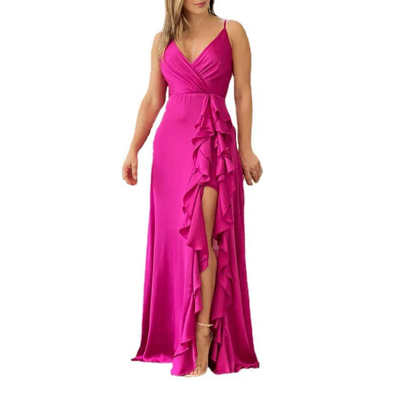 European And American Women's Clothing Summer New V-neck Brace High Waist Ruffles Irregular Slit Dress