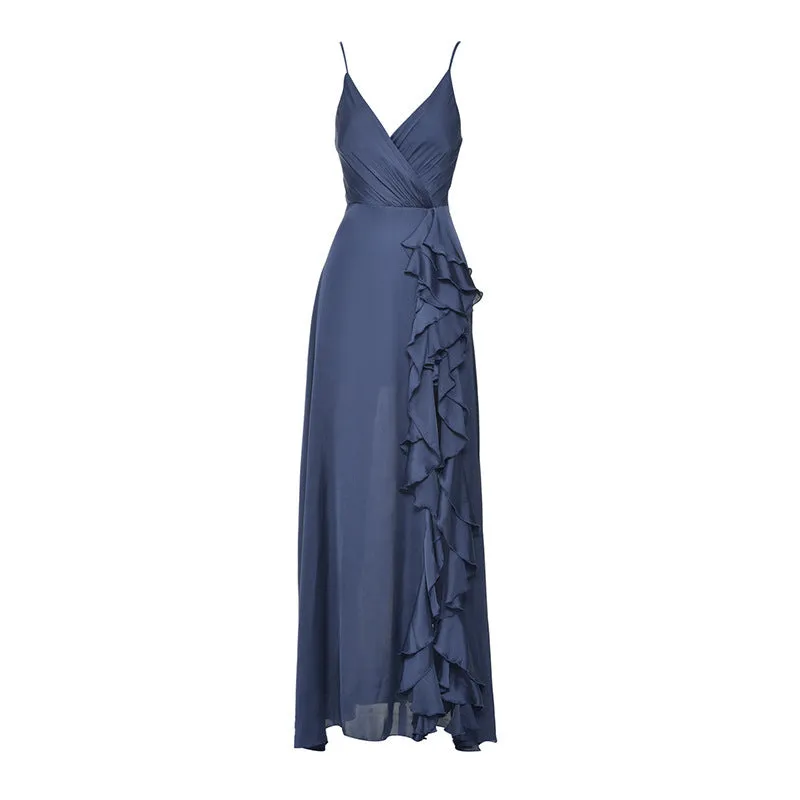 European And American Women's Clothing Summer New V-neck Brace High Waist Ruffles Irregular Slit Dress