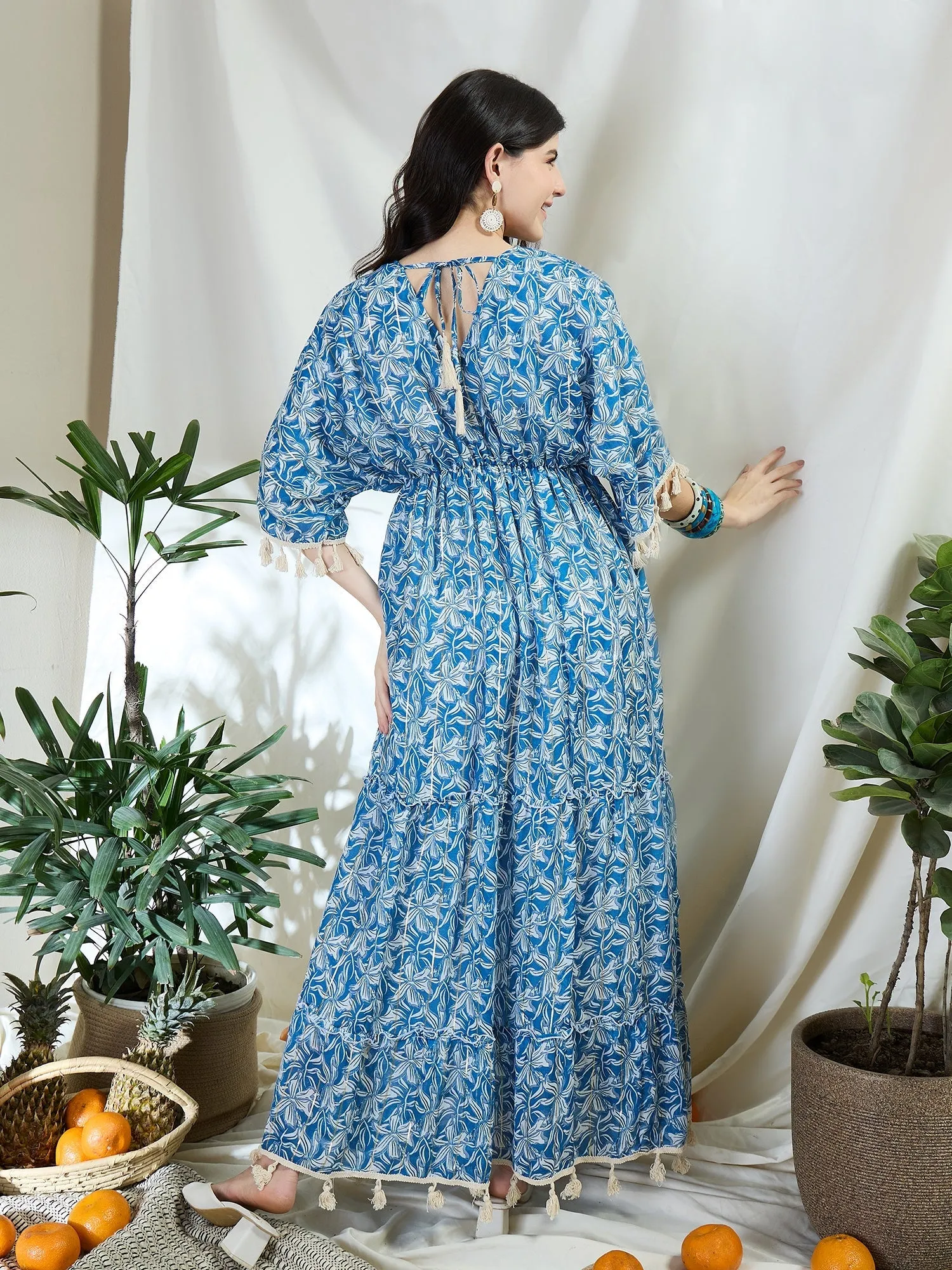 Floral Print Long Dress With Kimono Sleeves