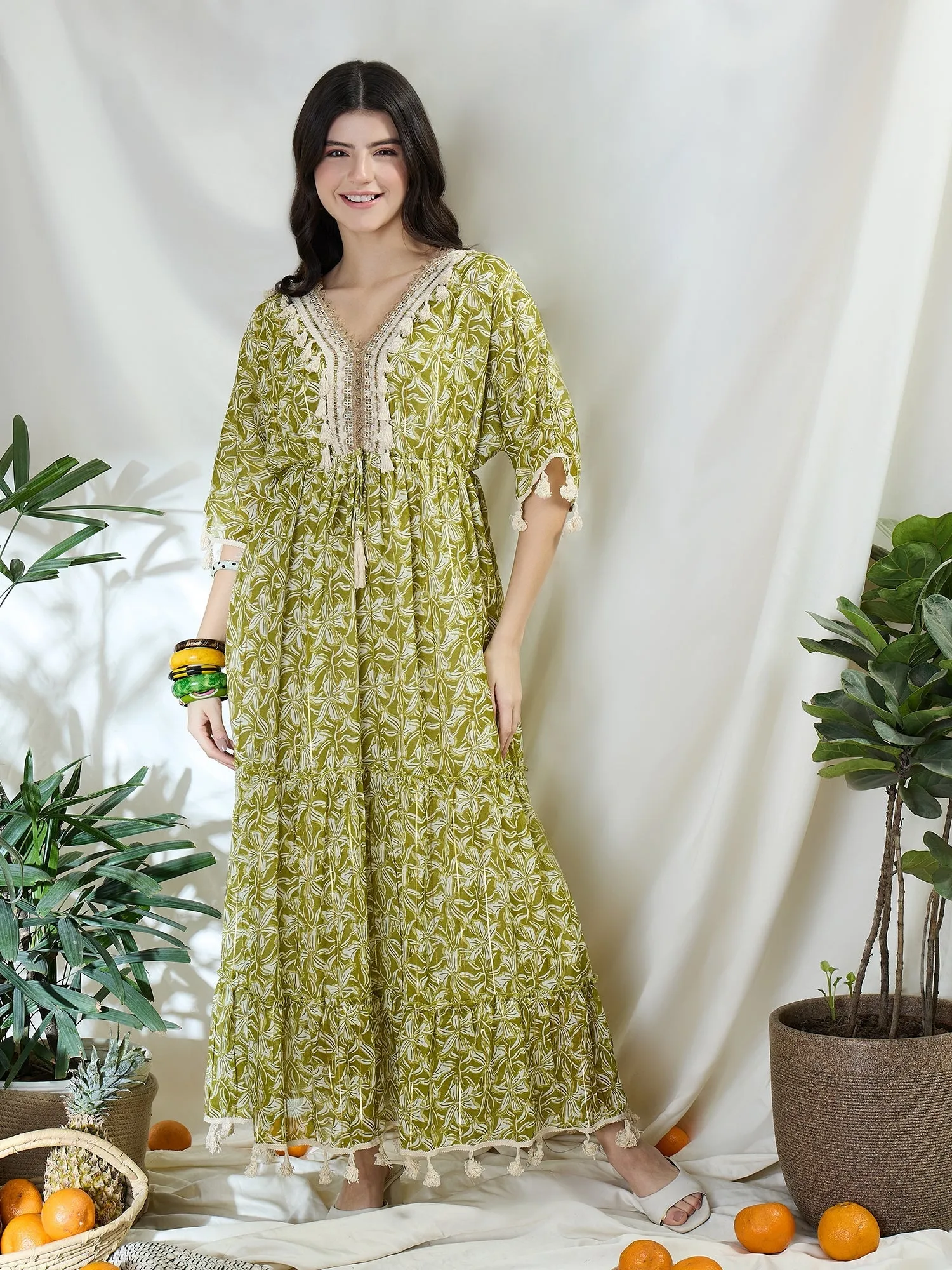Floral Print Long Dress With Kimono Sleeves