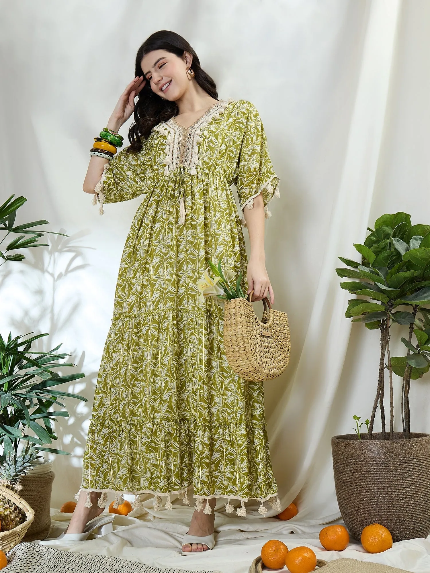 Floral Print Long Dress With Kimono Sleeves