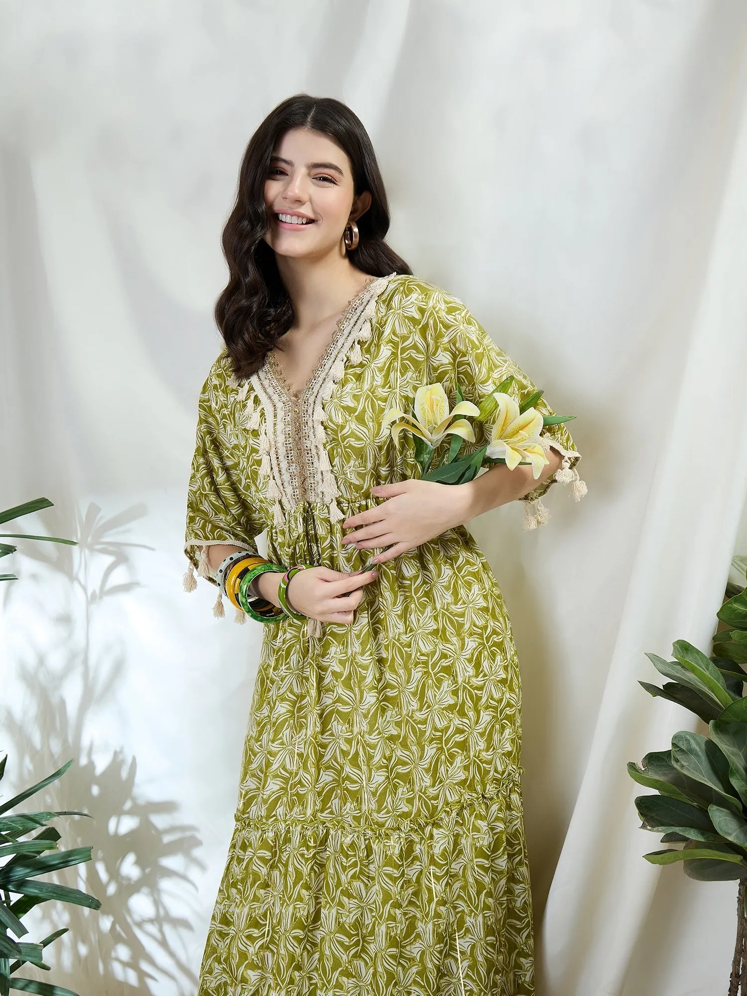 Floral Print Long Dress With Kimono Sleeves