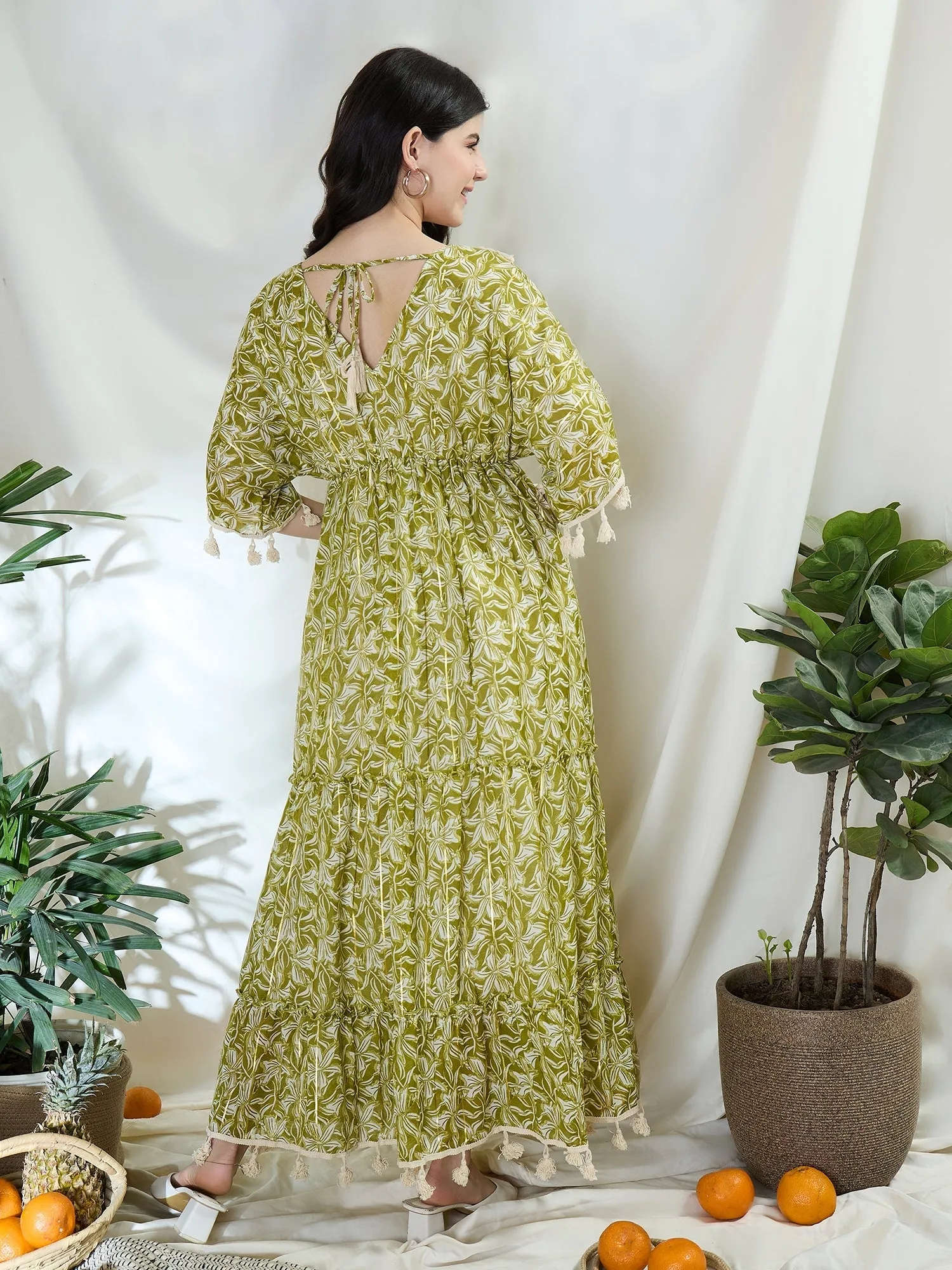 Floral Print Long Dress With Kimono Sleeves