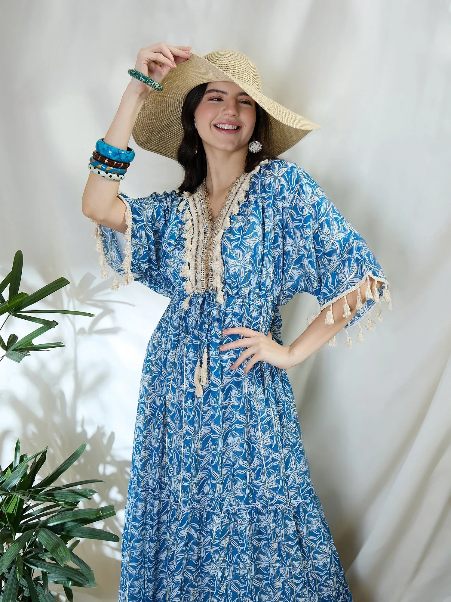 Floral Print Long Dress With Kimono Sleeves