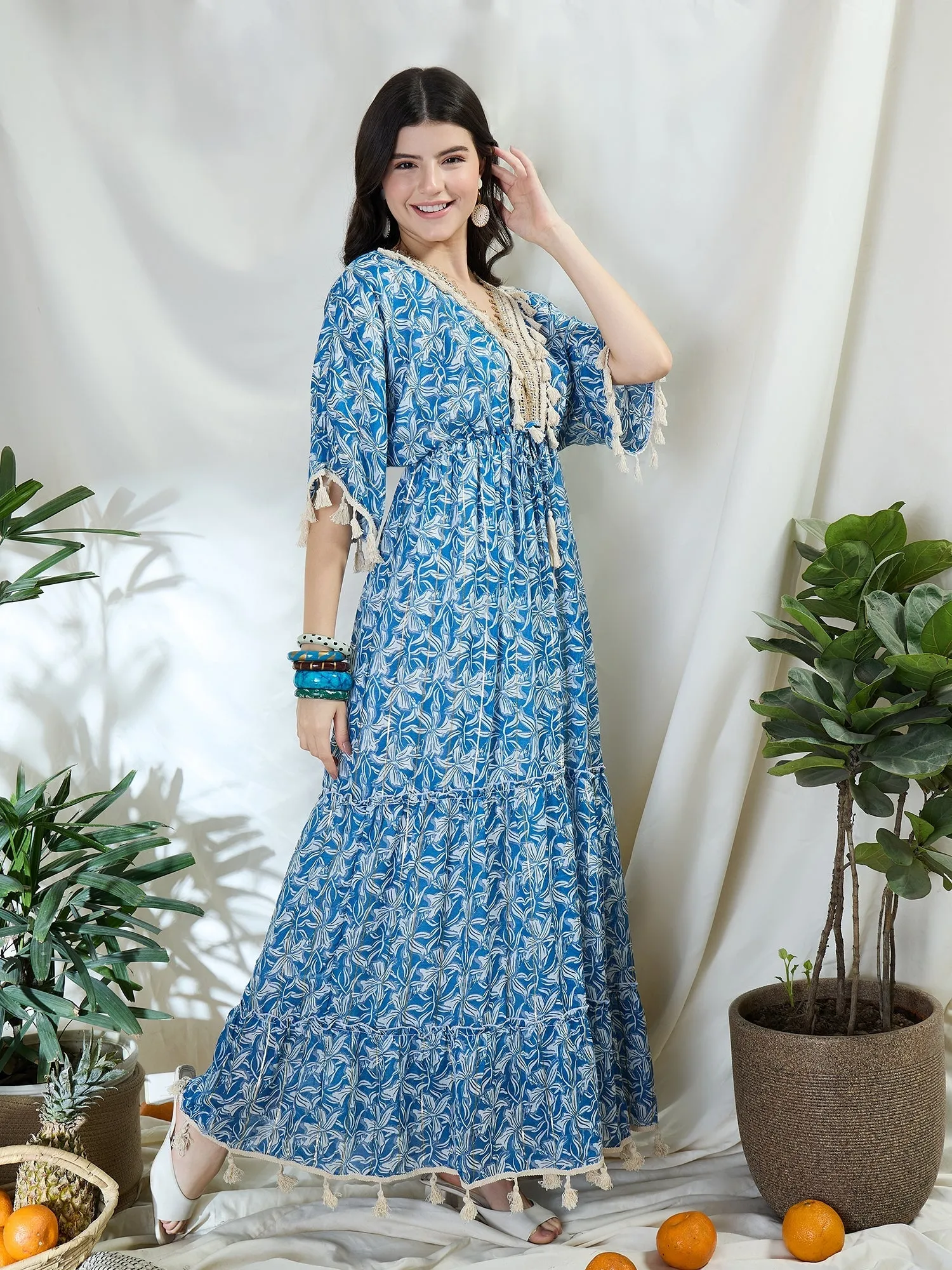 Floral Print Long Dress With Kimono Sleeves