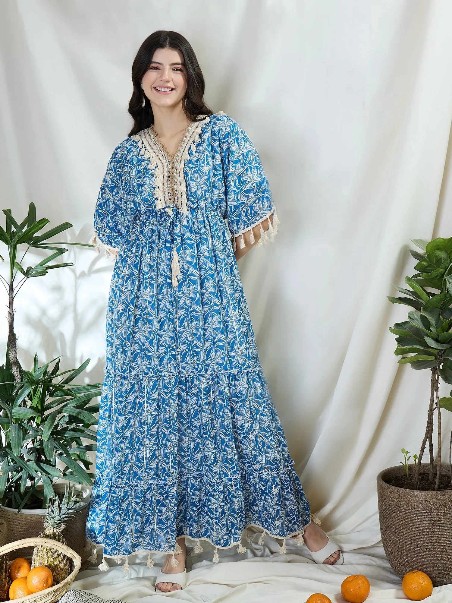 Floral Print Long Dress With Kimono Sleeves
