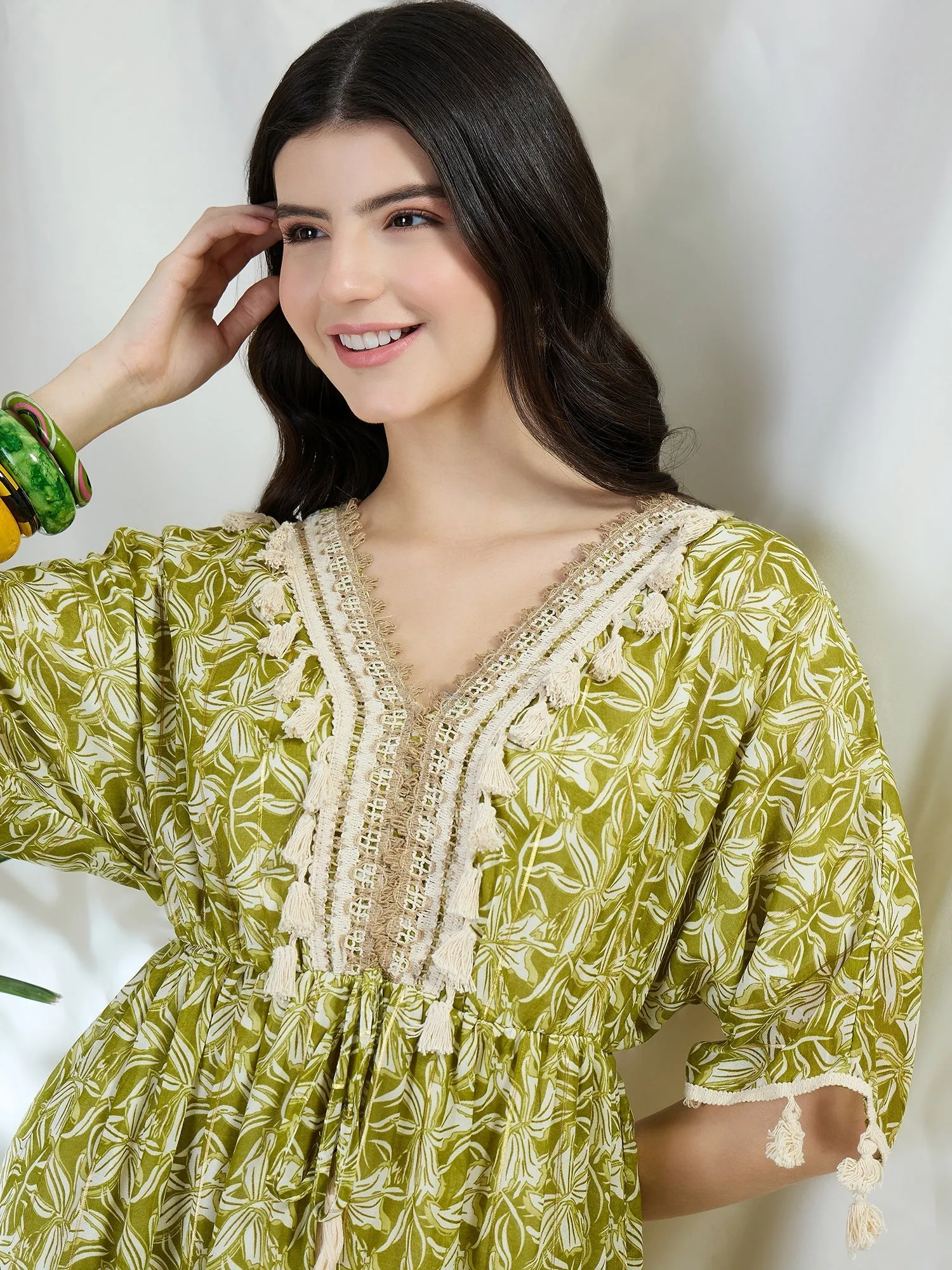 Floral Print Long Dress With Kimono Sleeves