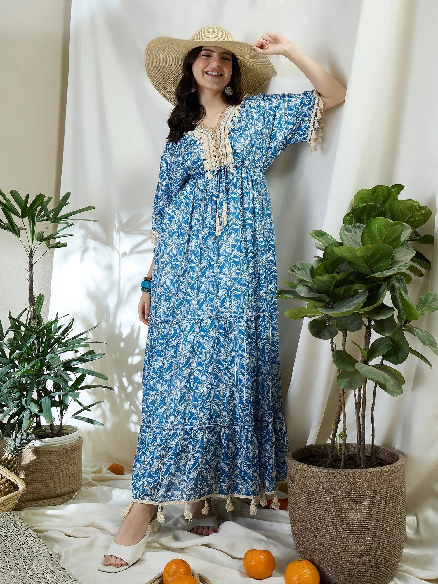 Floral Print Long Dress With Kimono Sleeves