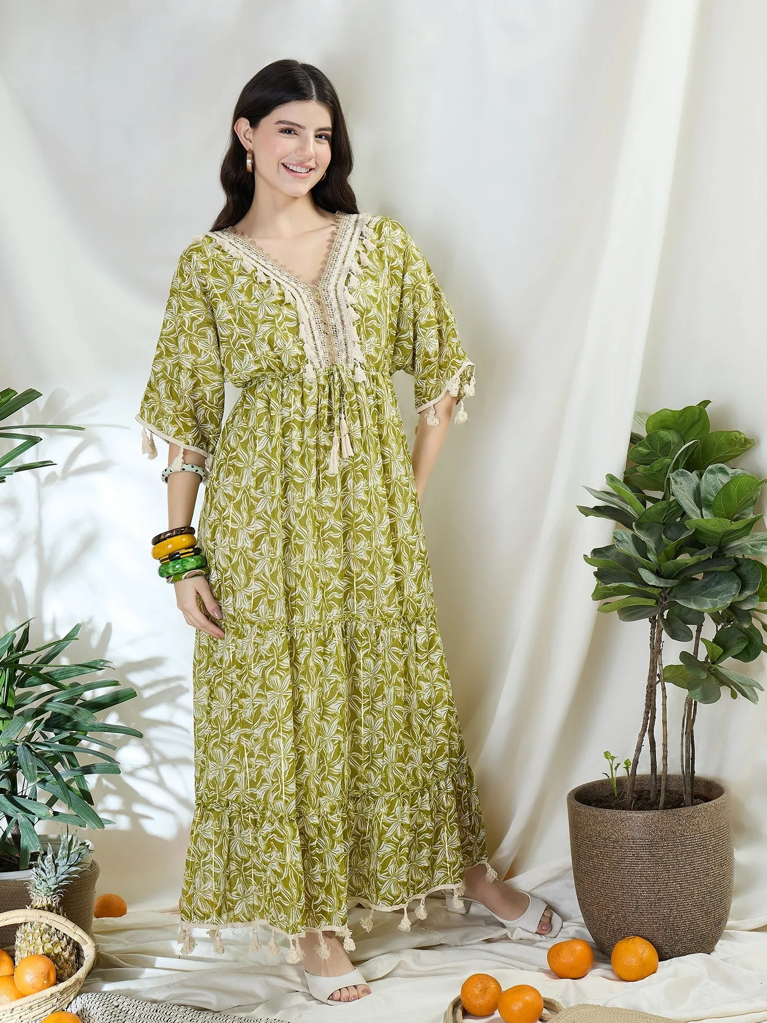 Floral Print Long Dress With Kimono Sleeves