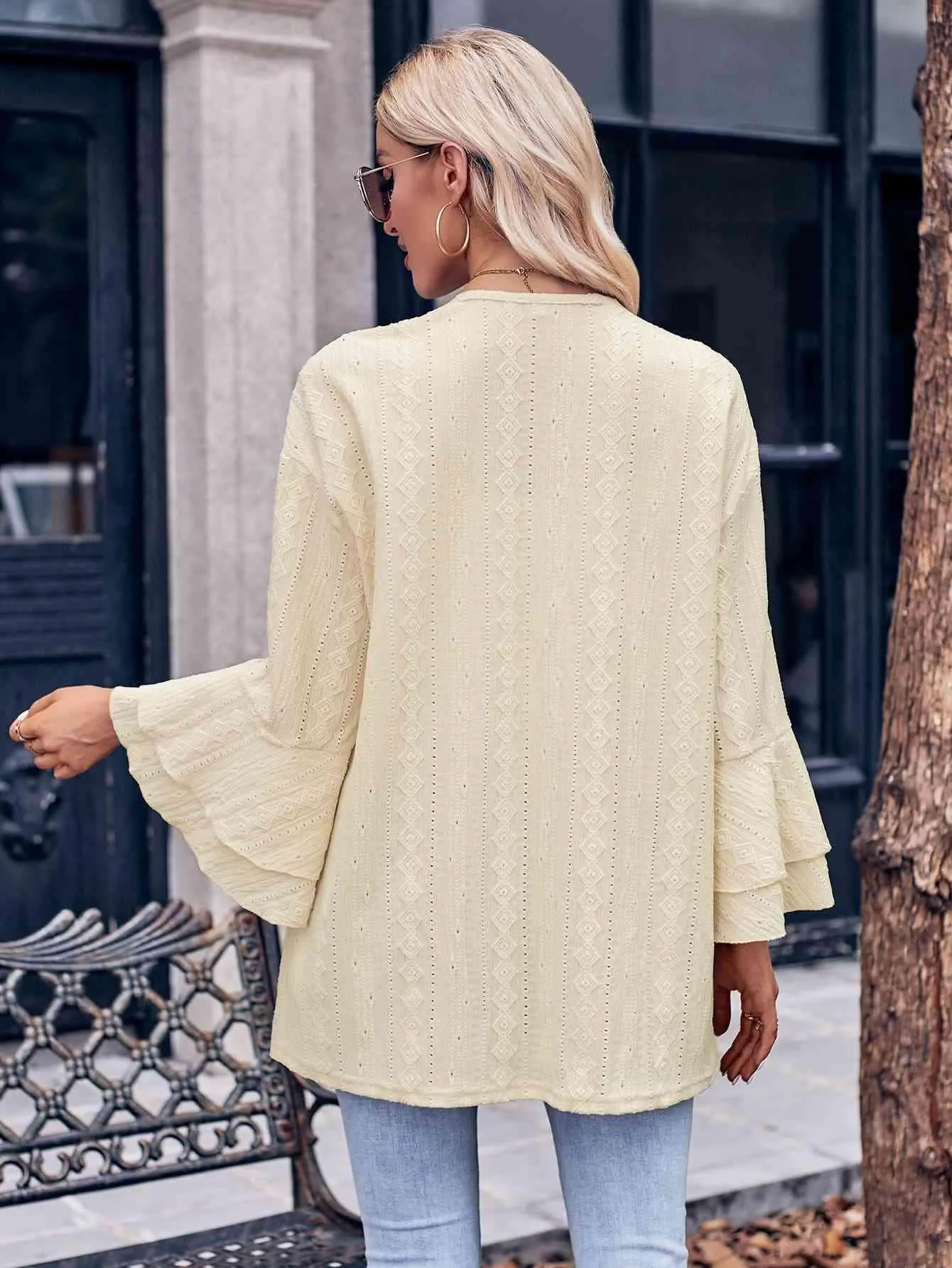 Graceful Embrace Eyelet Ruffle Sleeve Cardigan