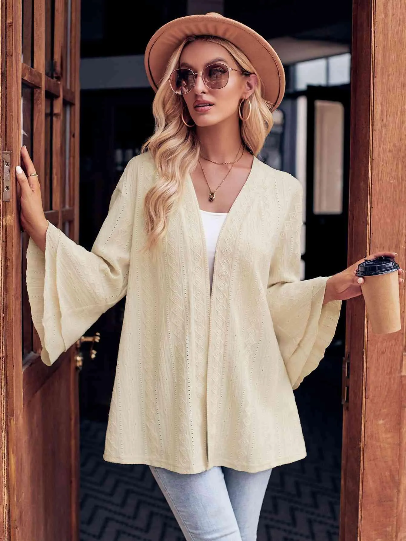 Graceful Embrace Eyelet Ruffle Sleeve Cardigan