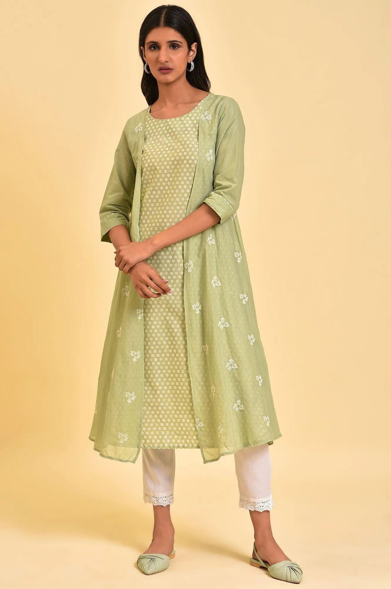Green Mock Layered Embroidered kurta