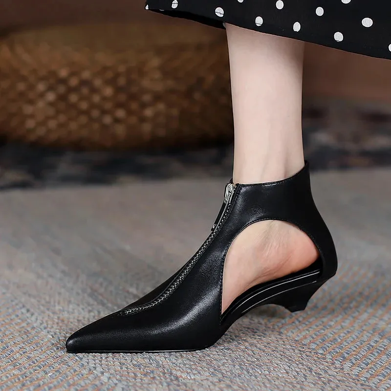 Hollow Design Low Heels Zipper Leather Shoes