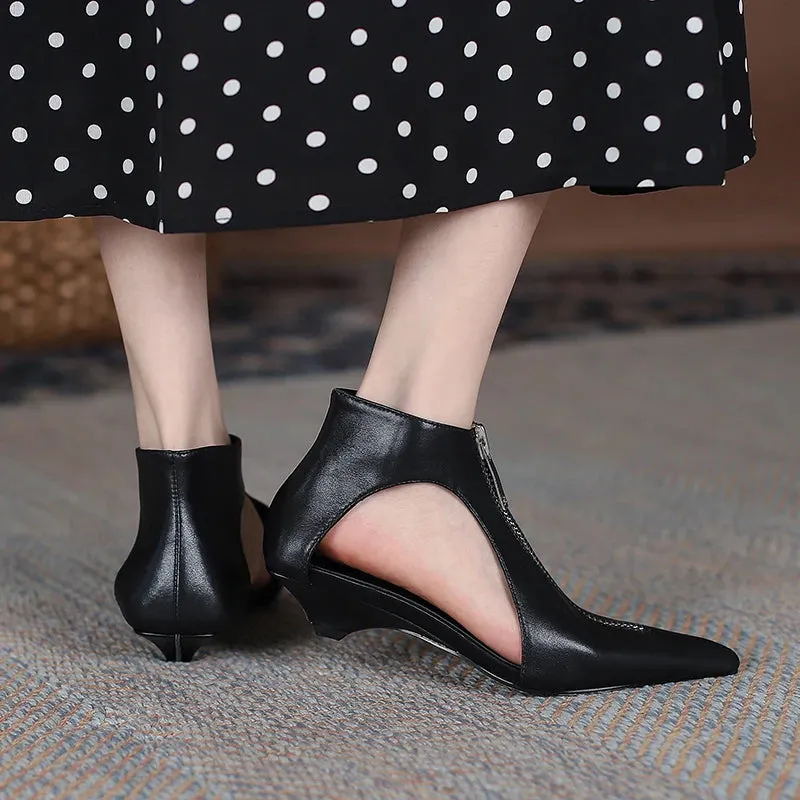 Hollow Design Low Heels Zipper Leather Shoes